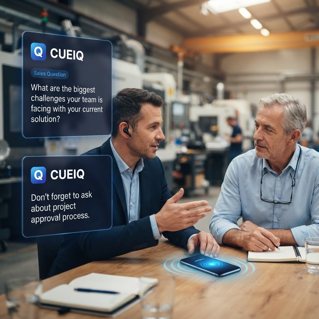 A salesman in a navy suit wearing a discreet in-ear earpiece leans in to talk with a client across a table on a factory floor, while a CueIQ card suggests a sales question and a coaching cue, and a phone on the table shows CueIQ listening in real time
