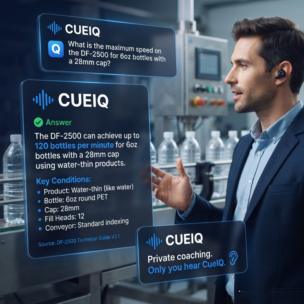 A sales engineer on a bottling-plant floor wearing a discreet Bluetooth earpiece asks CueIQ the maximum speed of a DF-2500 line, and CueIQ instantly answers 120 bottles per minute with key conditions and a cited technical guide, visible only to him